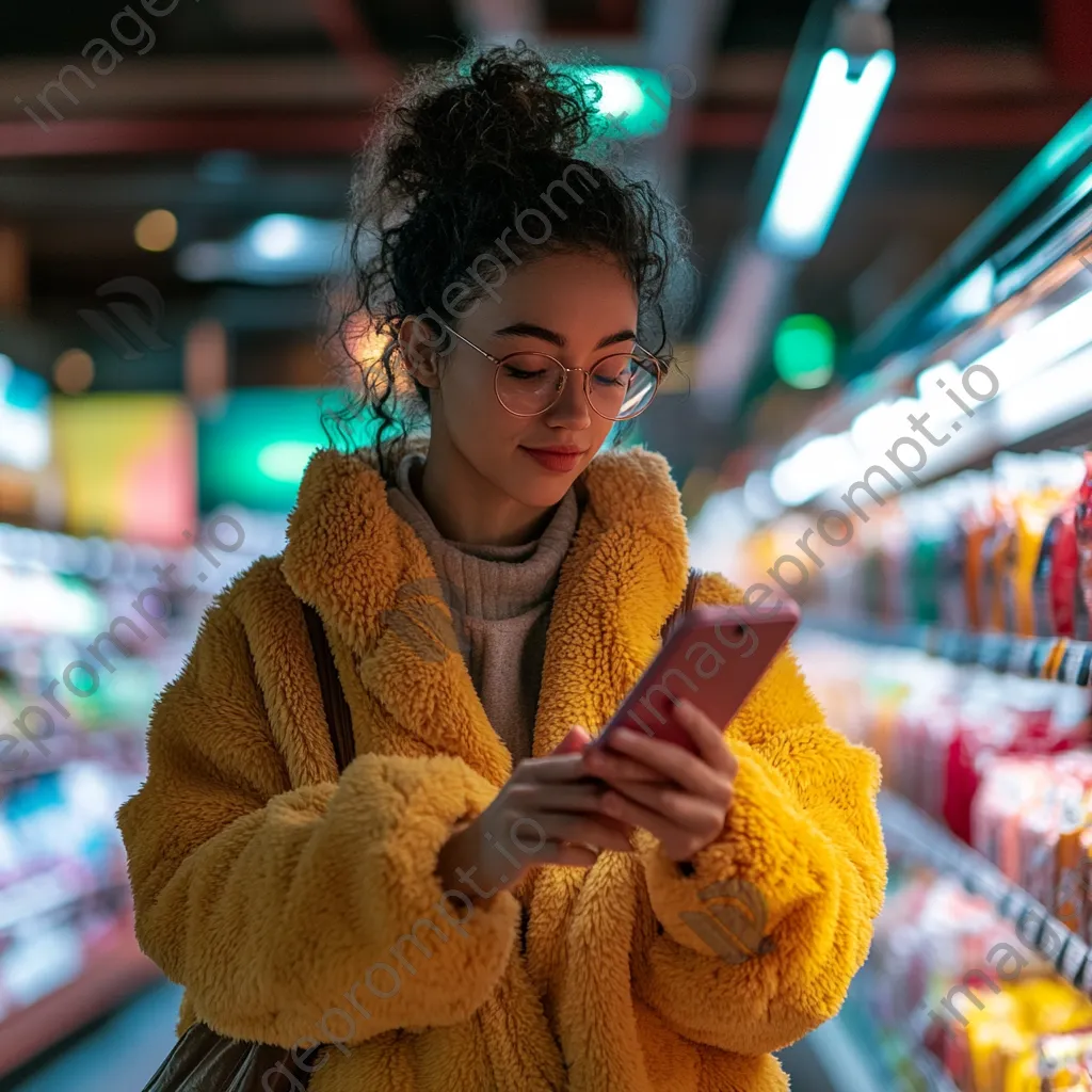 Woman comparing prices on her smartphone while shopping in a colorful store. - Image 4