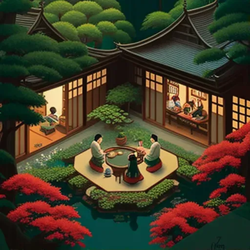 Tranquil tea ceremony in a traditional Japanese tea house surrounded by a beautiful garden - Image 1