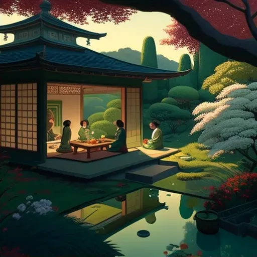 Tranquil tea ceremony in a traditional Japanese tea house surrounded by a beautiful garden - Image 2