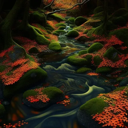 Forest floor covered in moss and autumn leaves with a flowing stream - Image 1