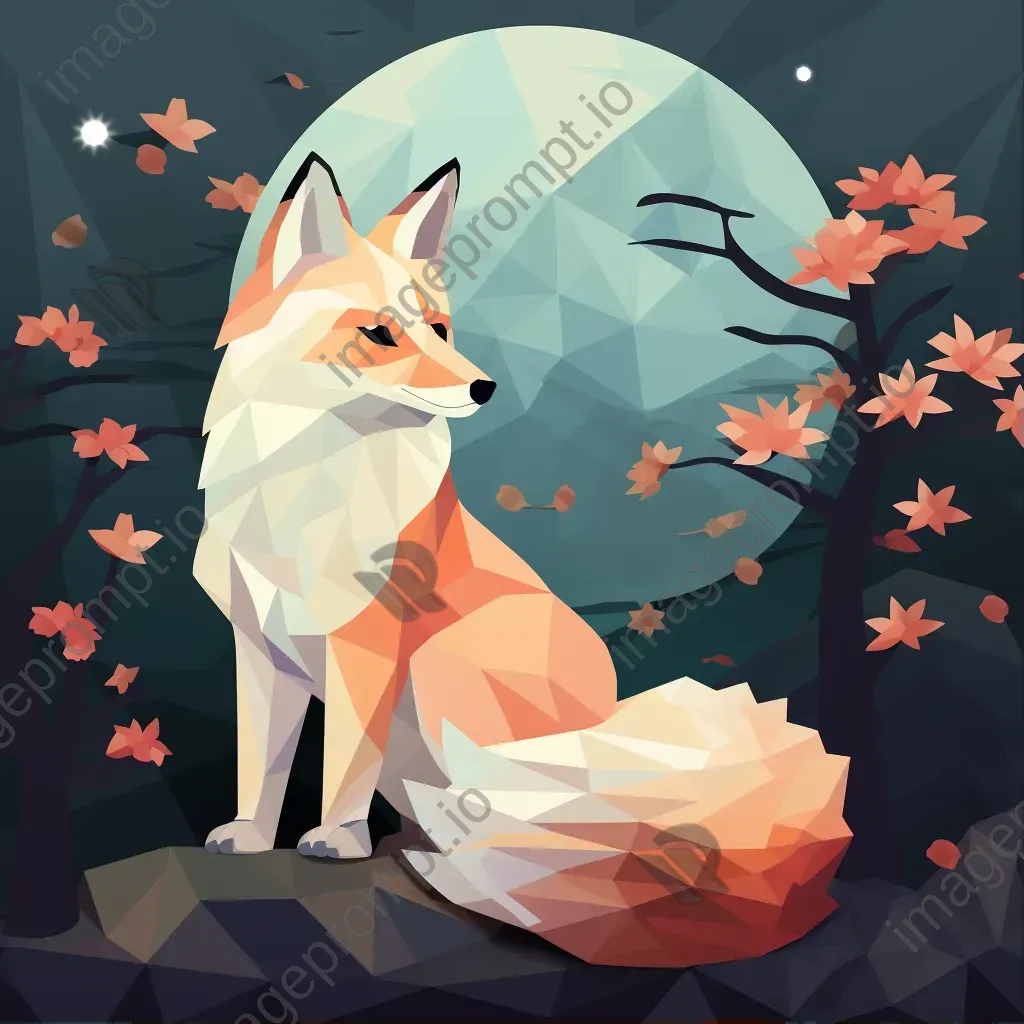 Low poly Japanese Kitsune in a serene moonlit setting - Image 1