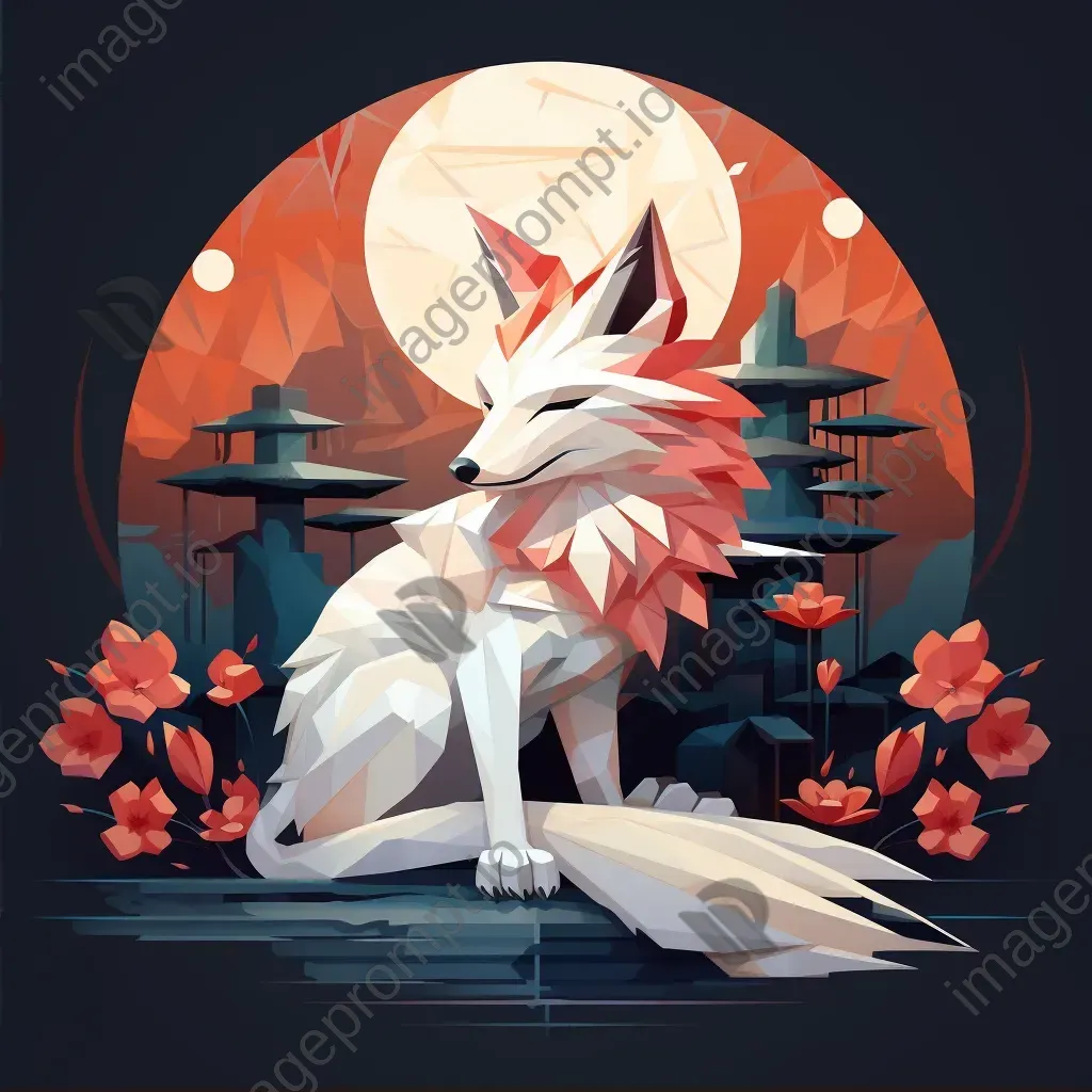 Low poly Japanese Kitsune in a serene moonlit setting - Image 2