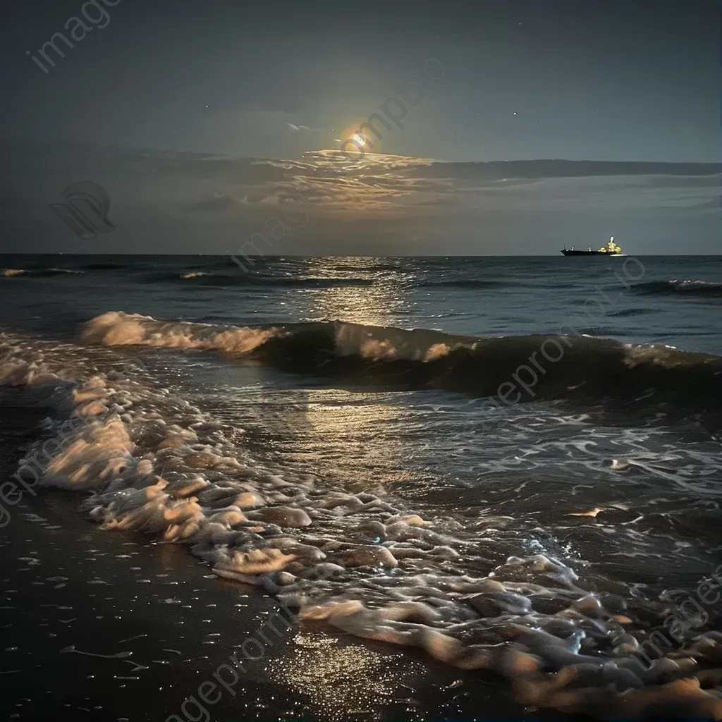 Ocean waves under moonlight with a ship on the horizon - Image 1