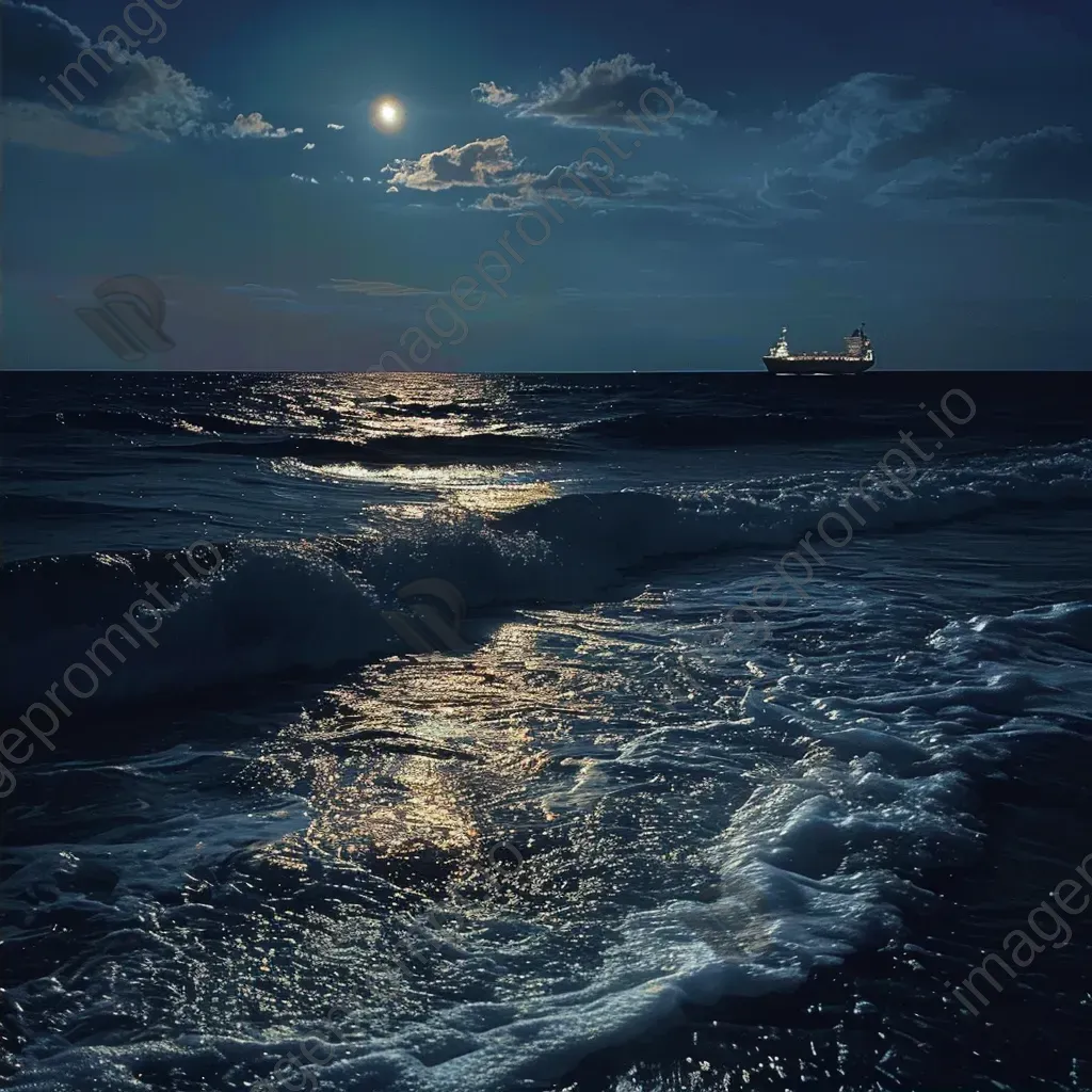 Ocean waves under moonlight with a ship on the horizon - Image 2