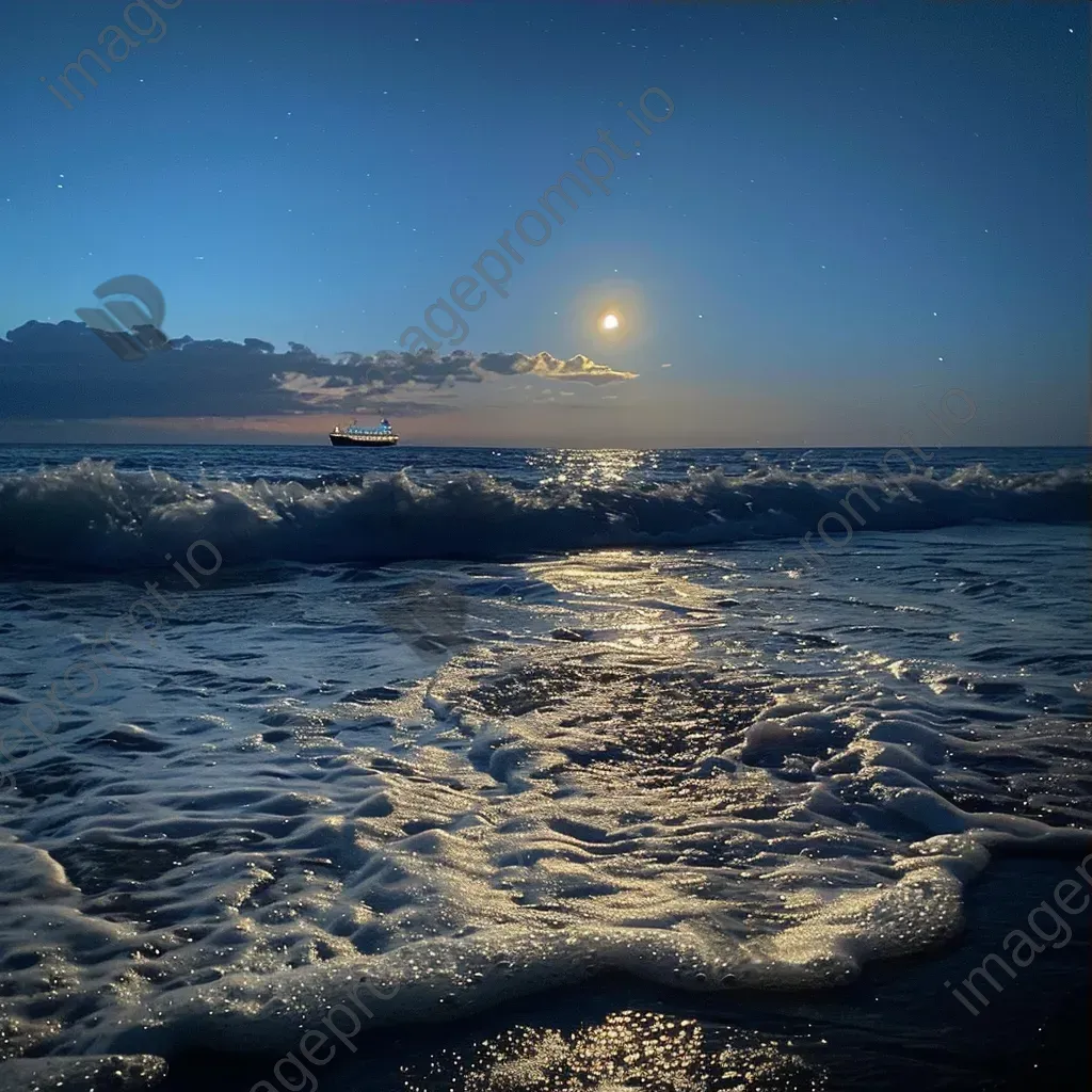 Ocean waves under moonlight with a ship on the horizon - Image 3