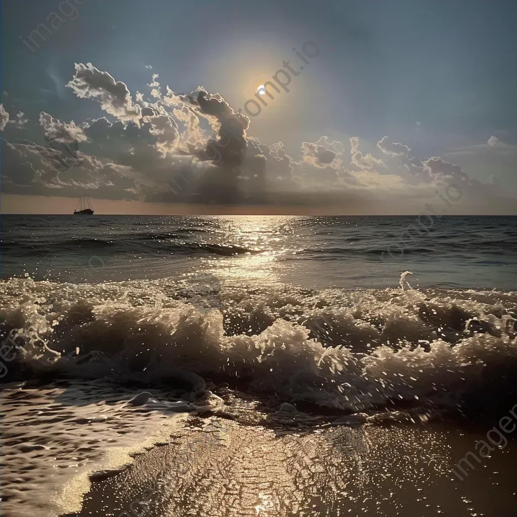 Ocean waves under moonlight with a ship on the horizon - Image 4