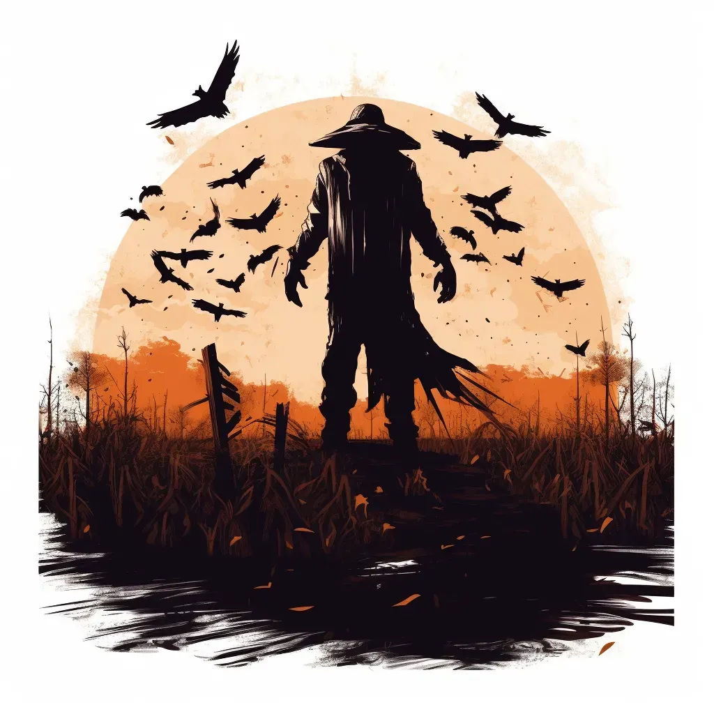 Sinister scarecrow in moonlit cornfield, crows, pumpkins Halloween logo - Image 1