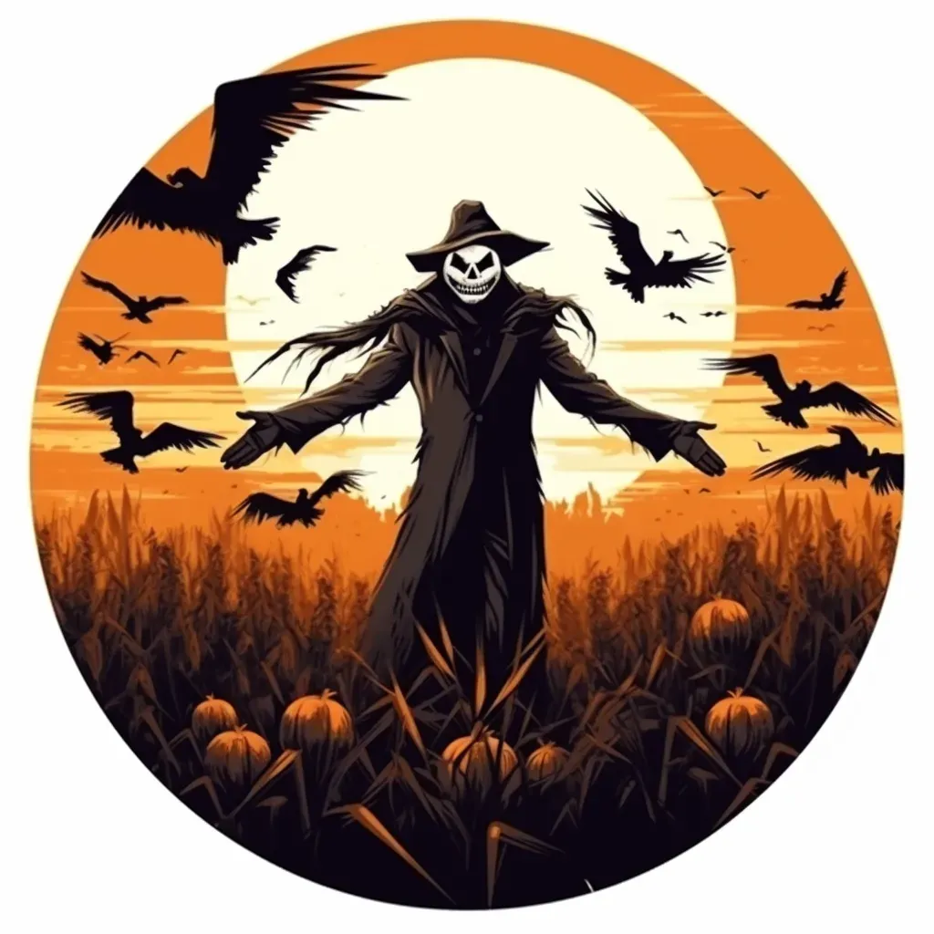 Sinister scarecrow in moonlit cornfield, crows, pumpkins Halloween logo - Image 2