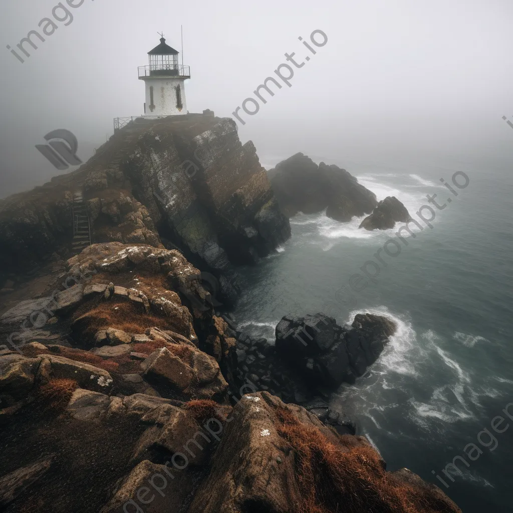 Abandoned lighthouse overlooking a foggy coastline and rugged cliffs - Image 1