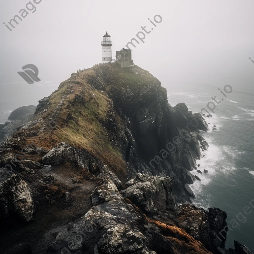 Abandoned lighthouse overlooking a foggy coastline and rugged cliffs - Image 2