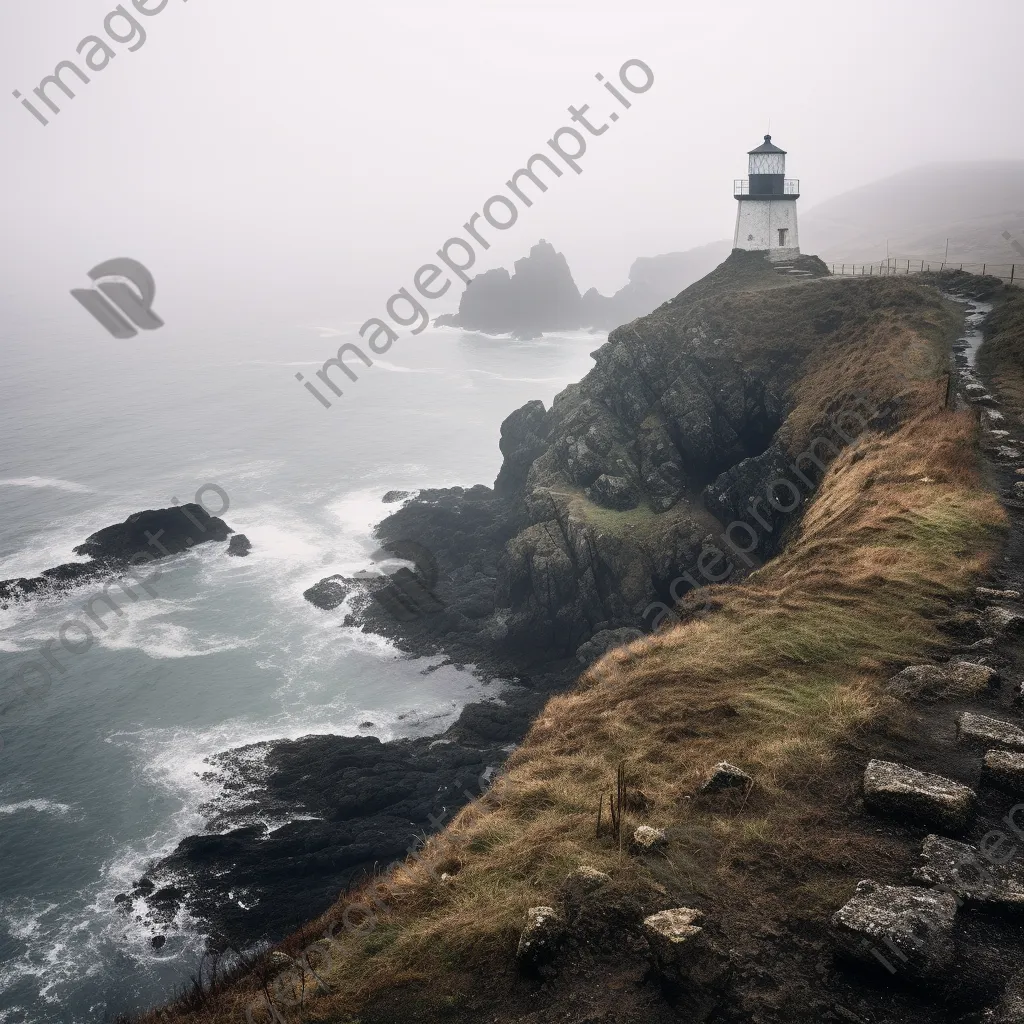 Abandoned lighthouse overlooking a foggy coastline and rugged cliffs - Image 3