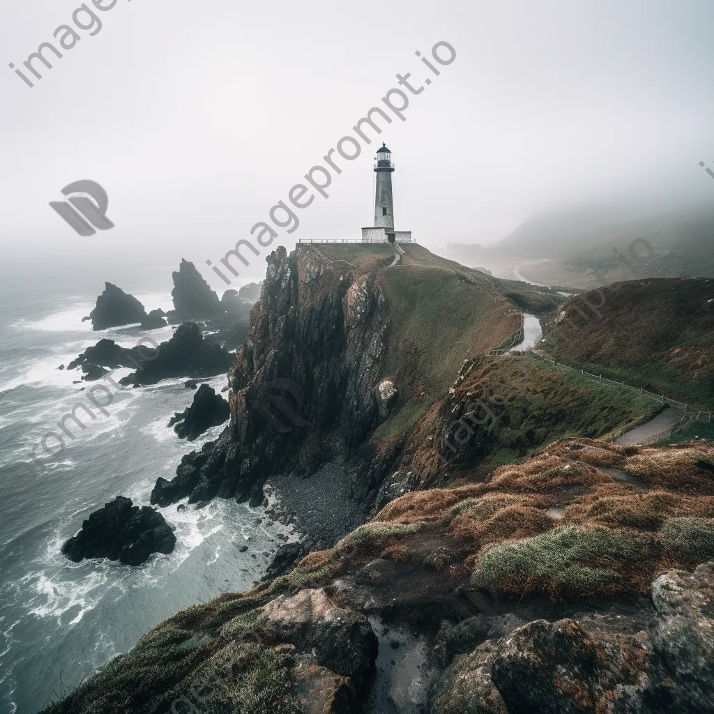 Abandoned lighthouse overlooking a foggy coastline and rugged cliffs - Image 4