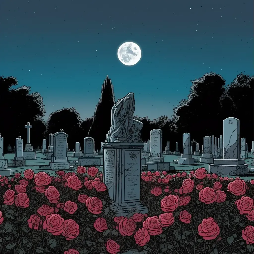 Image of serene graveyard under full moon with red rose - Image 1