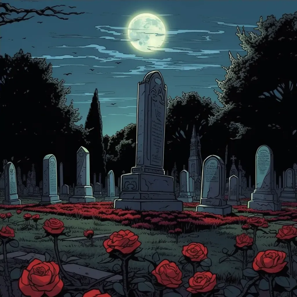 Image of serene graveyard under full moon with red rose - Image 4