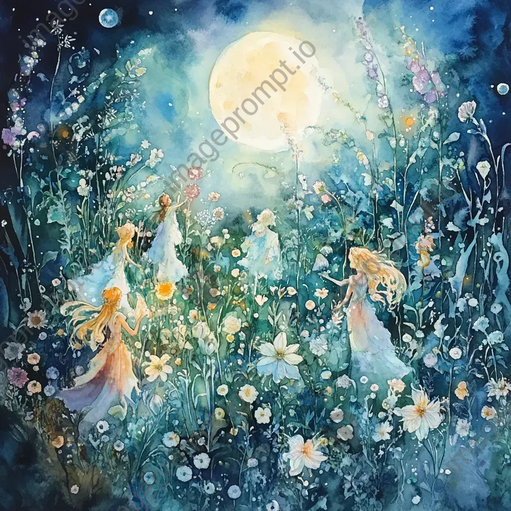 Watercolor painting of ethereal nymphs frolicking amidst iridescent flowers in a moonlit meadow - Image 1