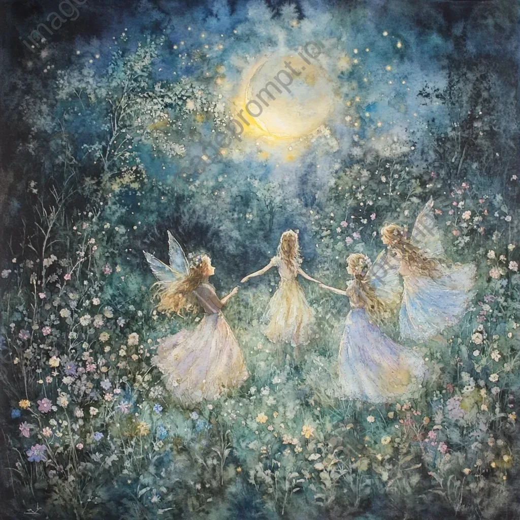 Watercolor painting of ethereal nymphs frolicking amidst iridescent flowers in a moonlit meadow - Image 3