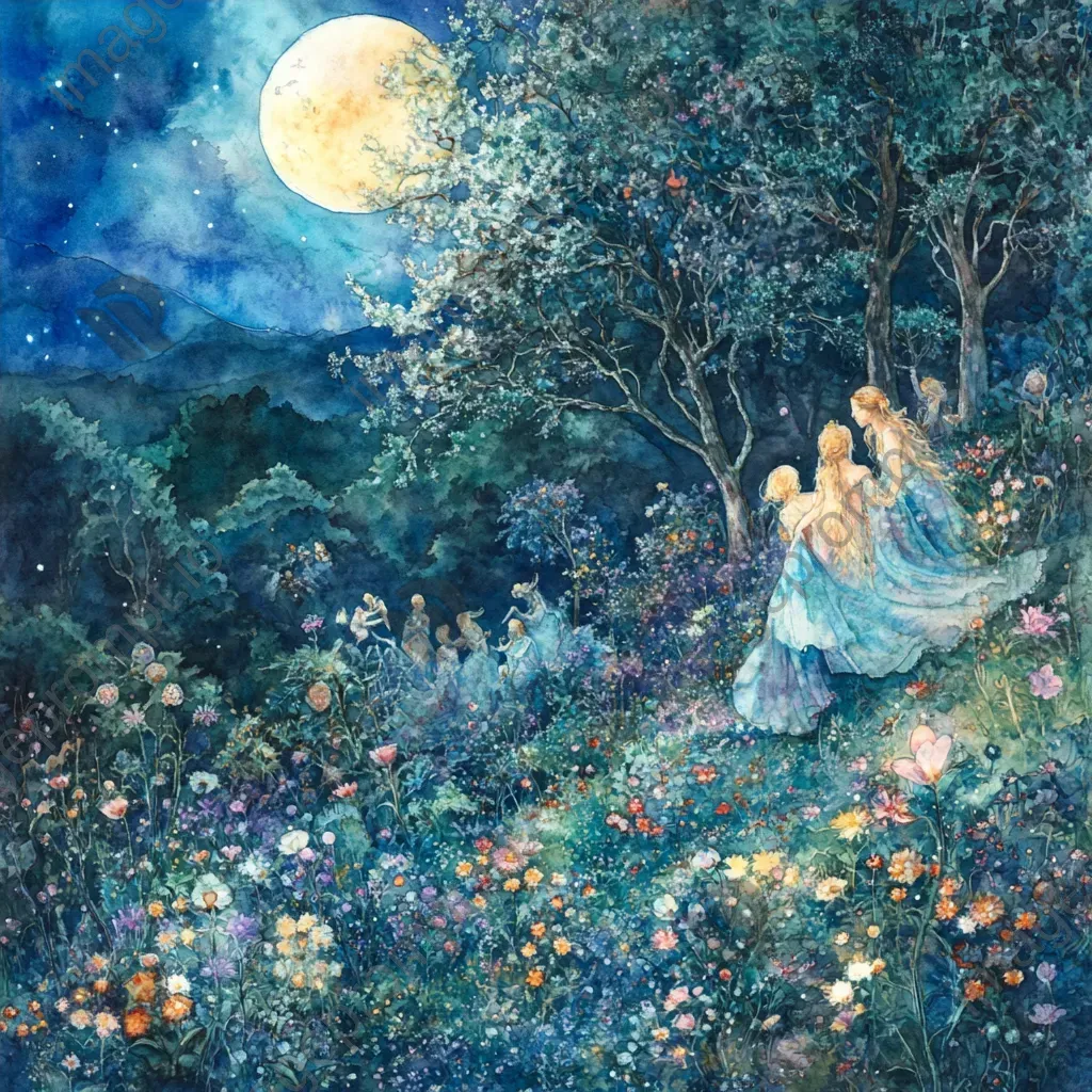 Watercolor painting of ethereal nymphs frolicking amidst iridescent flowers in a moonlit meadow - Image 4