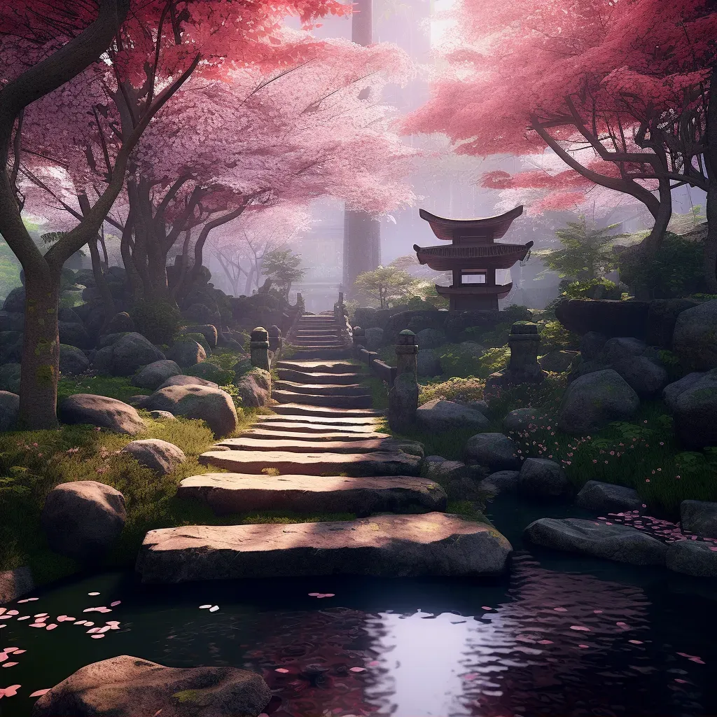 Tranquil Zen Garden with Cherry Blossom Trees - Image 2