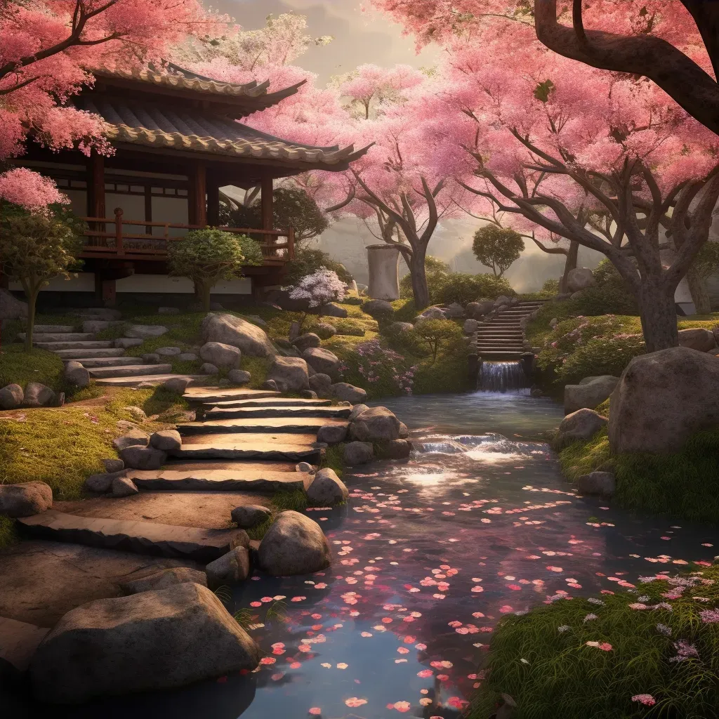 Tranquil Zen Garden with Cherry Blossom Trees - Image 4