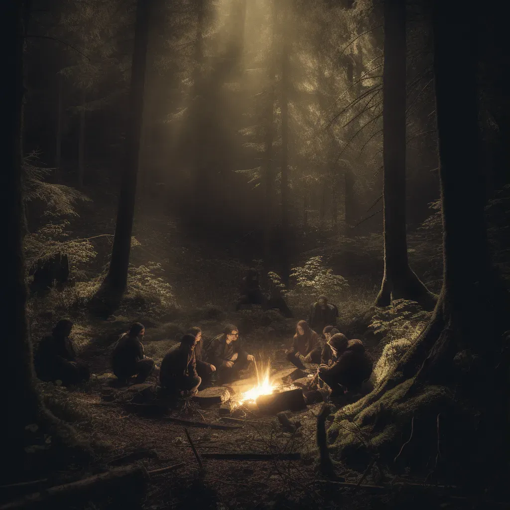 Image of a campfire scene in dark forest with warm glow - Image 1