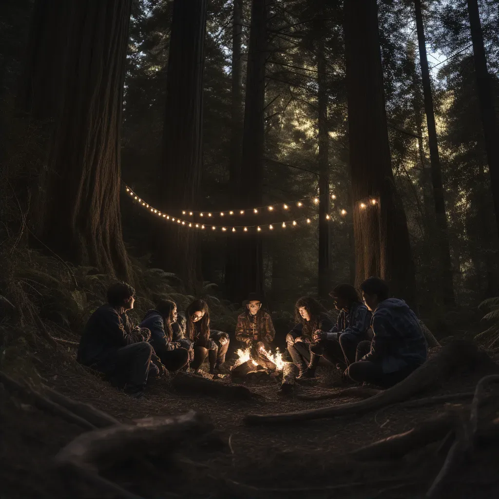 Image of a campfire scene in dark forest with warm glow - Image 2