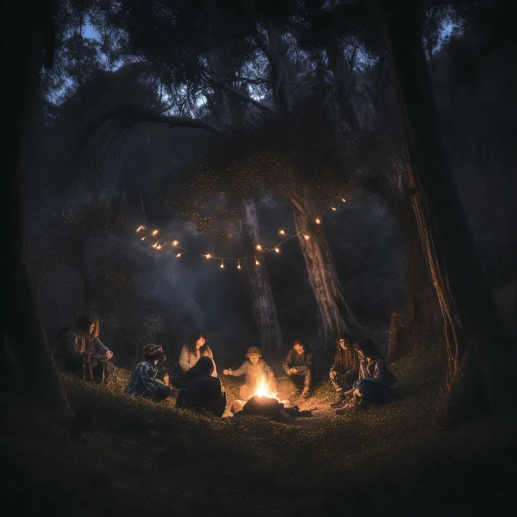 Image of a campfire scene in dark forest with warm glow - Image 3