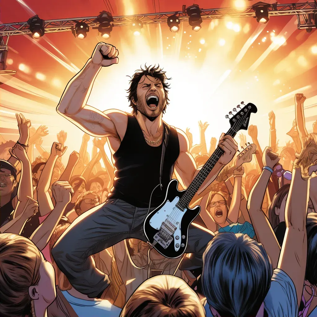 Rock band on stage with guitarist in solo moment and cheering crowd - Image 2