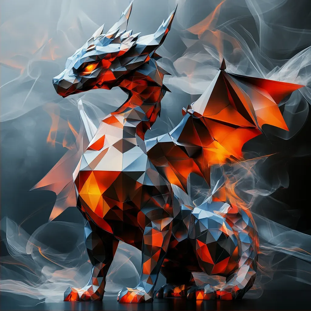 Majestic low poly dragon formed from jagged polygons with fiery details - Image 2