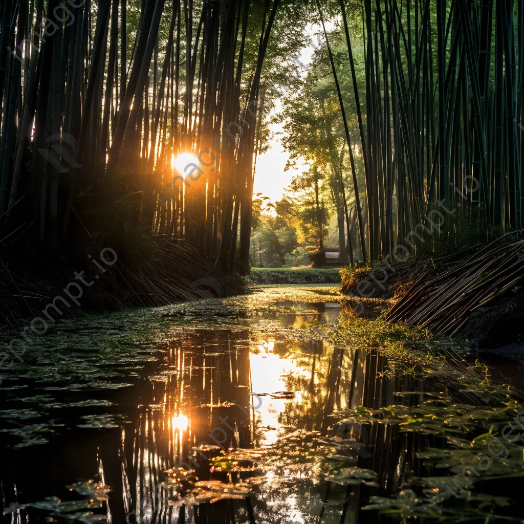 Pond surrounded by bamboo with reflections - Image 1