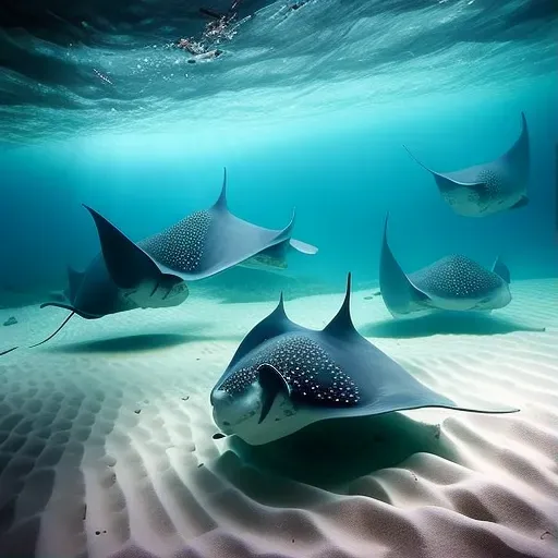 School of manta rays gliding over sandy seabed in ocean - Image 1