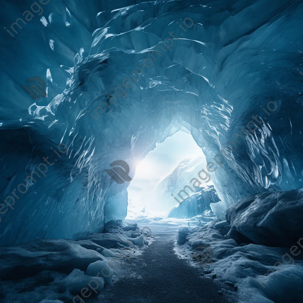 Intricate ice tunnel formations inside a glacier with light filtering through - Image 1