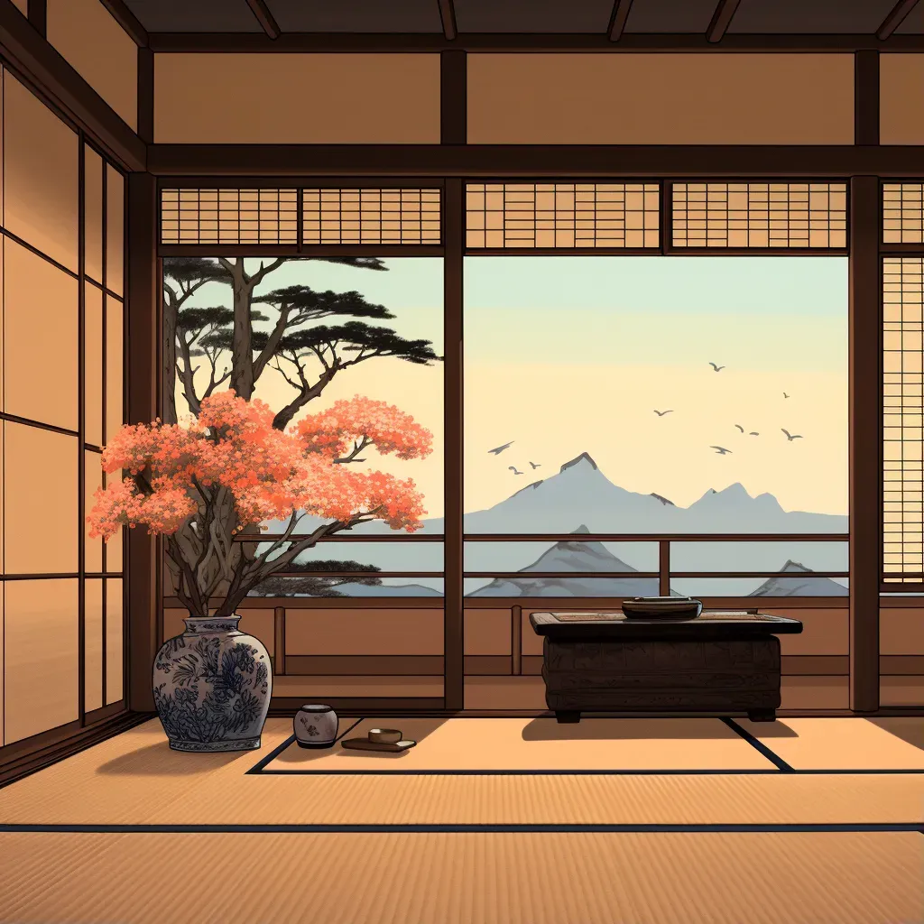 Simple room with tatami mat, shoji screens, and flower arrangement - Image 1