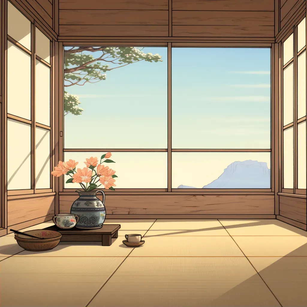 Simple room with tatami mat, shoji screens, and flower arrangement - Image 2