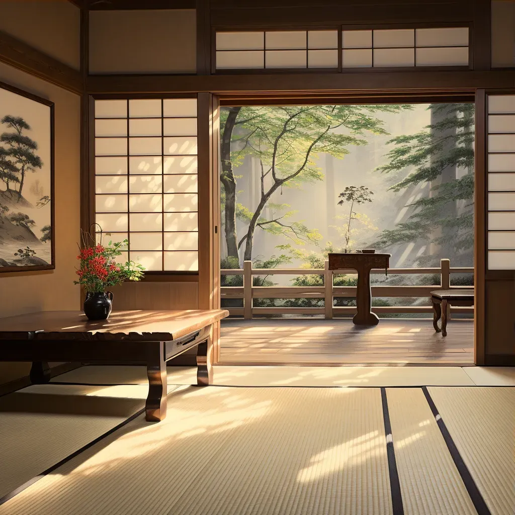 Simple room with tatami mat, shoji screens, and flower arrangement - Image 3