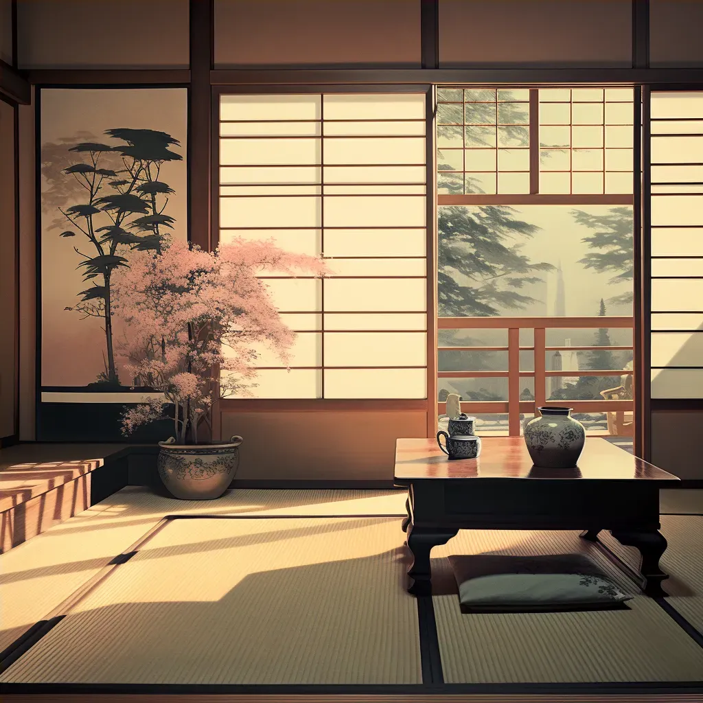 Simple room with tatami mat, shoji screens, and flower arrangement - Image 4