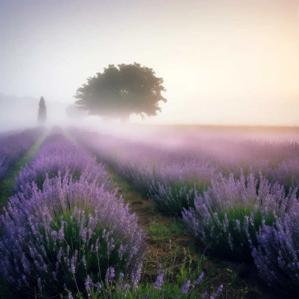 A peaceful lavender field in the early morning mist - Image 1