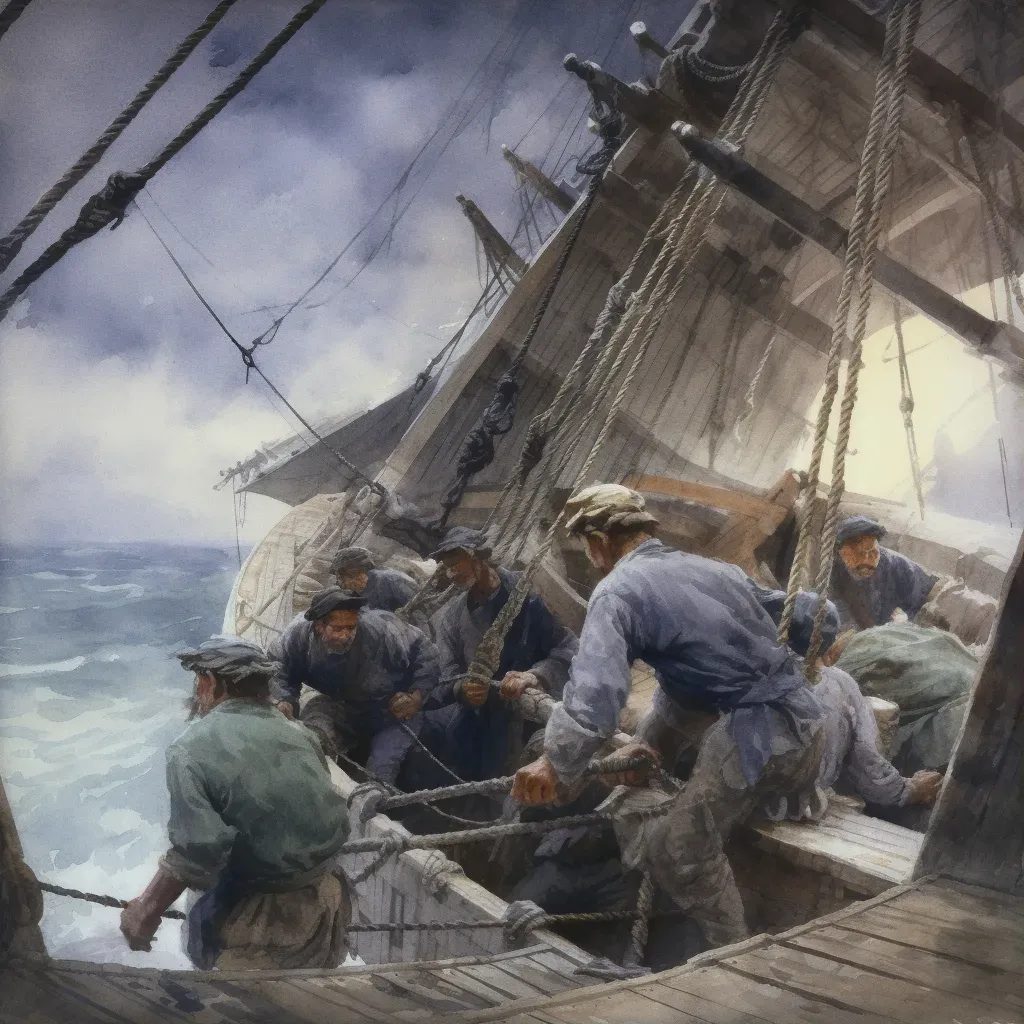 Sailors battling a storm at sea to secure their ship - Image 1