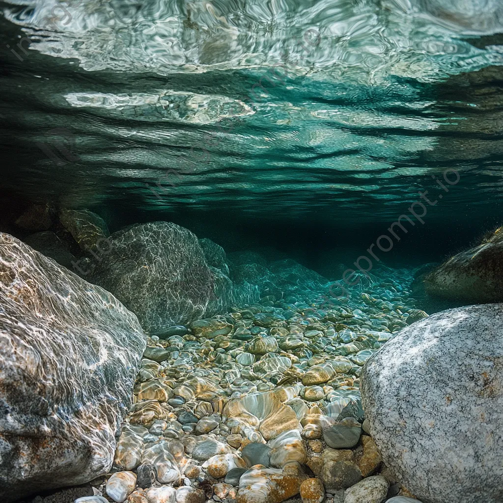 Close-up of crystal-clear thermal spring water with stones and algae. - Image 1