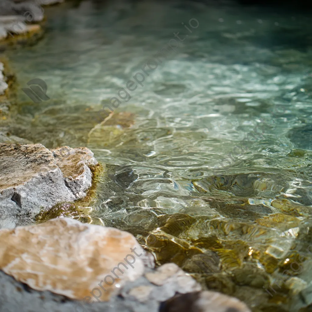 Close-up of crystal-clear thermal spring water with stones and algae. - Image 3