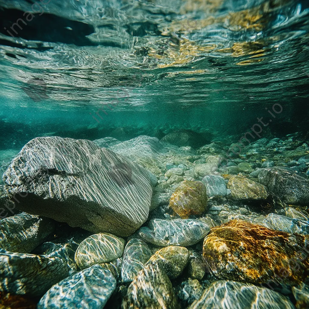 Close-up of crystal-clear thermal spring water with stones and algae. - Image 4