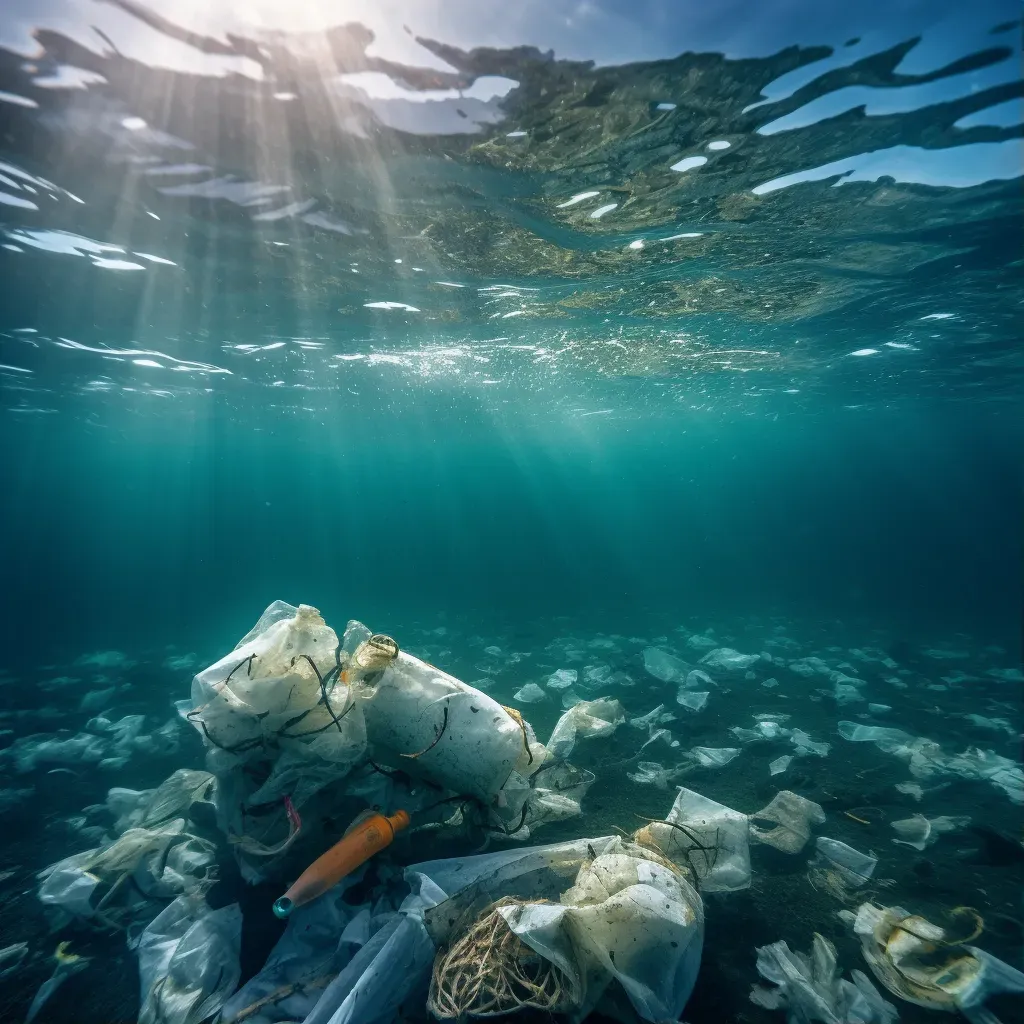 Discarded bottles and bags in ocean as marine plastic waste - Image 1