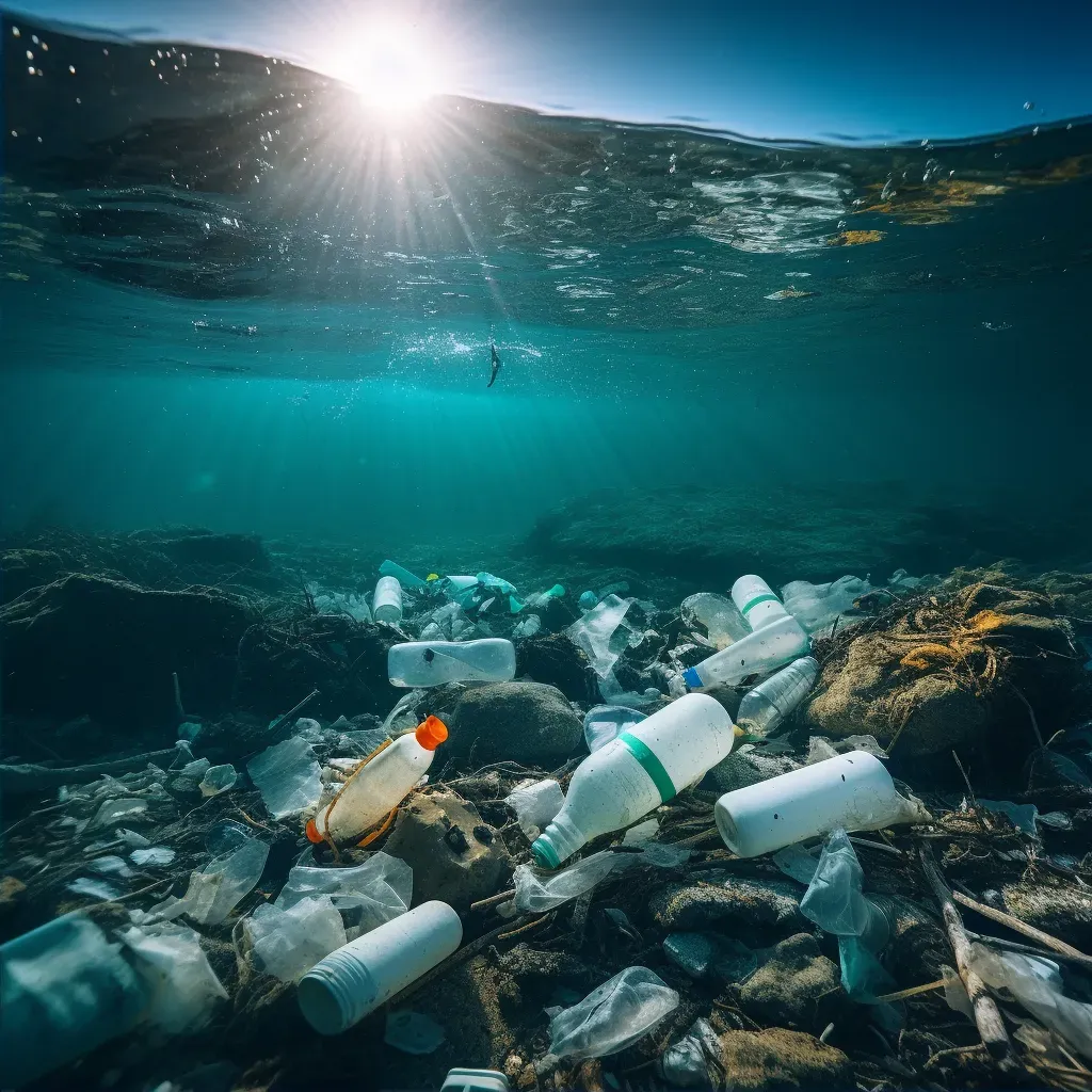 Discarded bottles and bags in ocean as marine plastic waste - Image 2