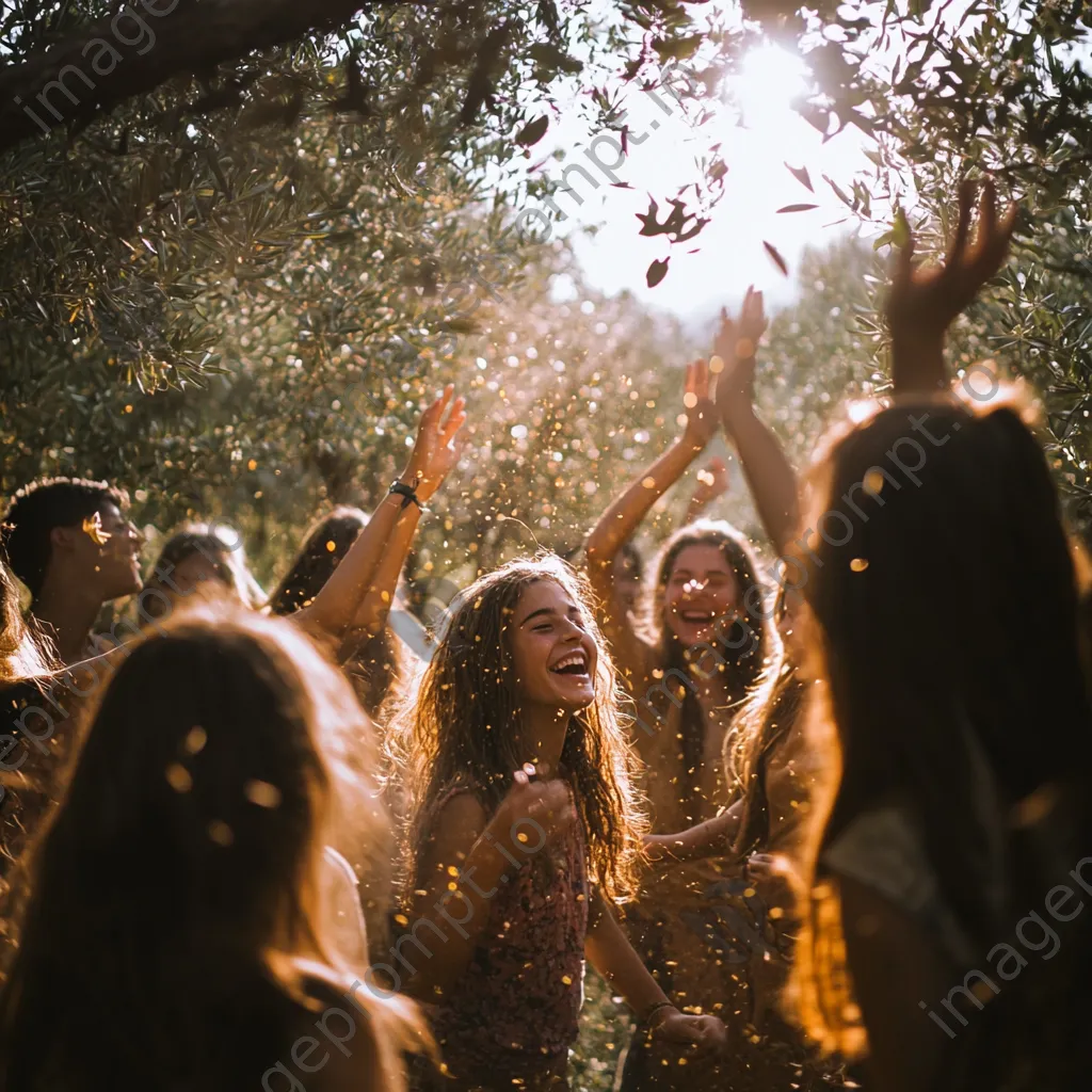 Group of teenagers picking olives in a sunlit grove. - Image 1