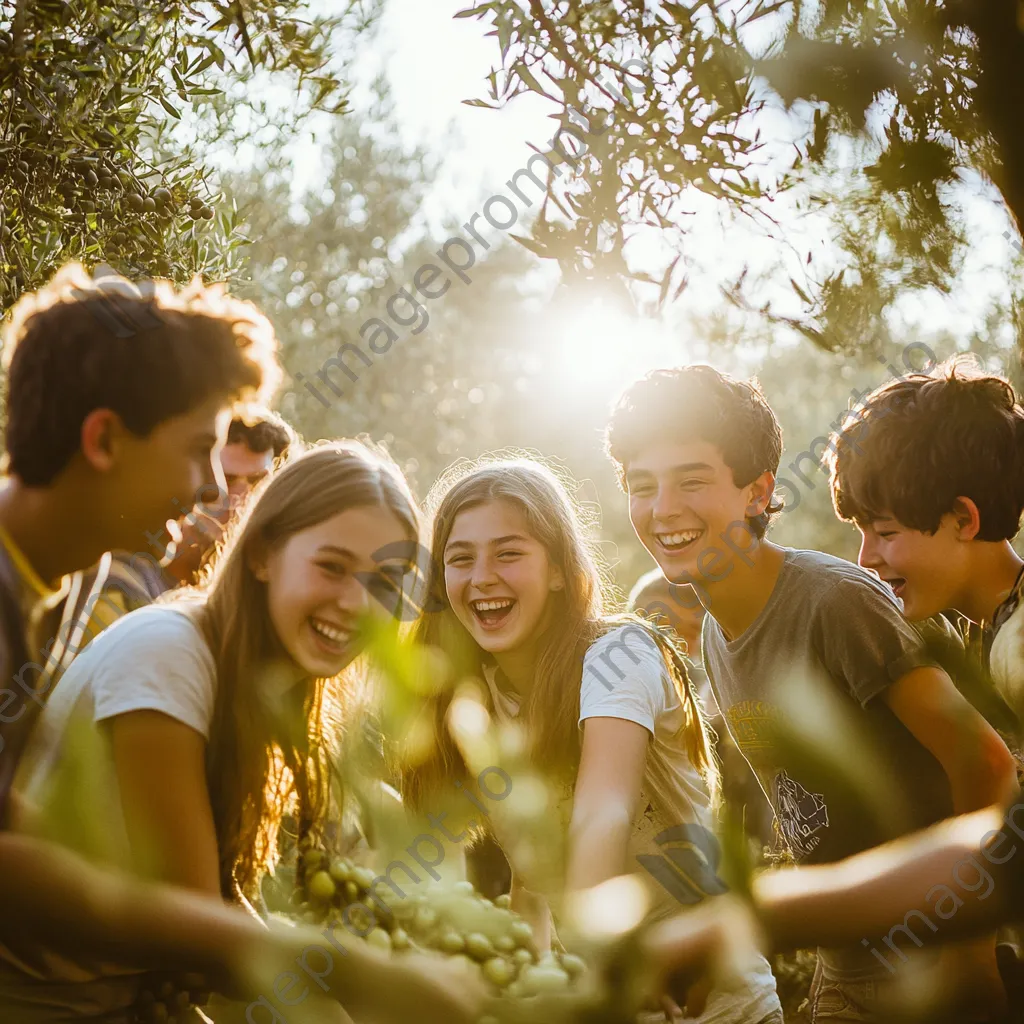 Group of teenagers picking olives in a sunlit grove. - Image 3