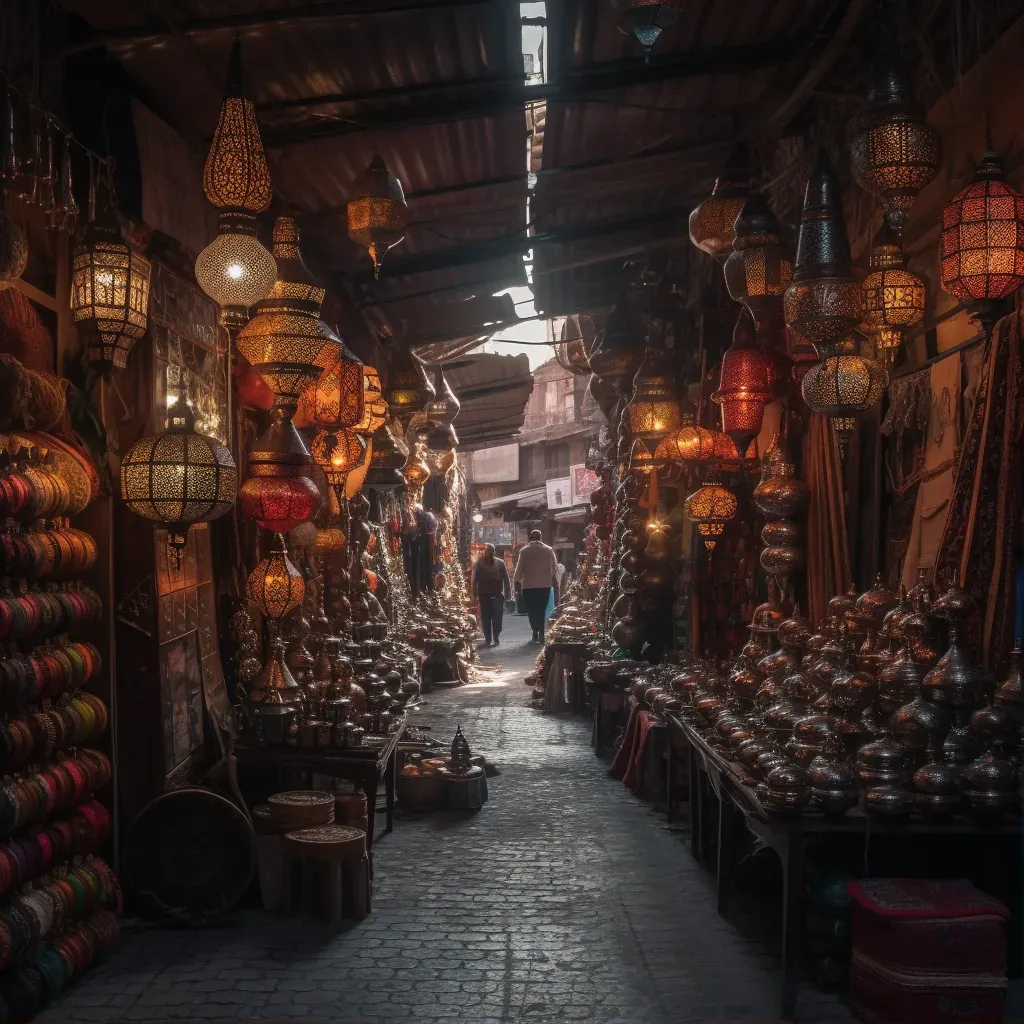 Moroccan souk with colorful textiles and lanterns - Image 1