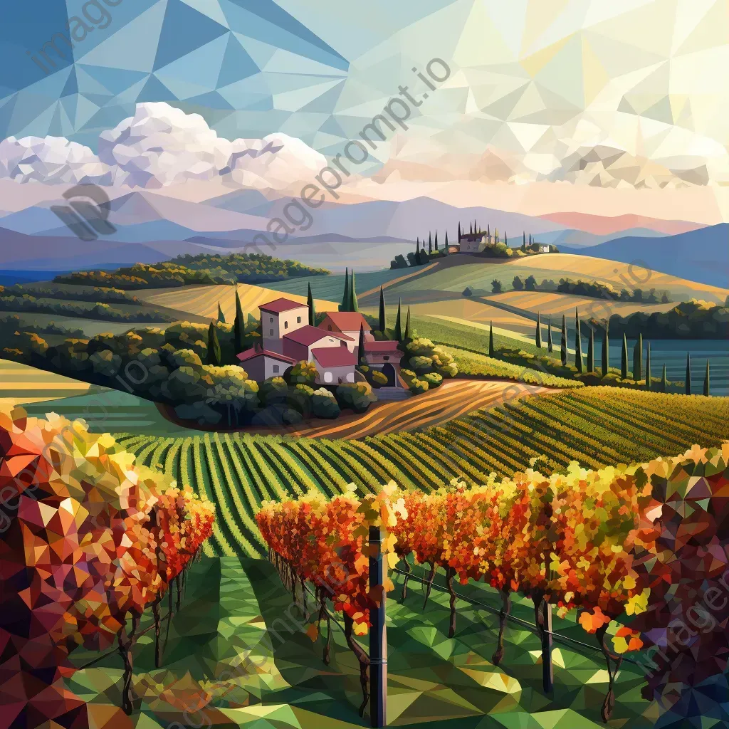 Low poly depiction of a vineyard at harvest time with ripe grapes and stone cottages, under the golden light - Image 1