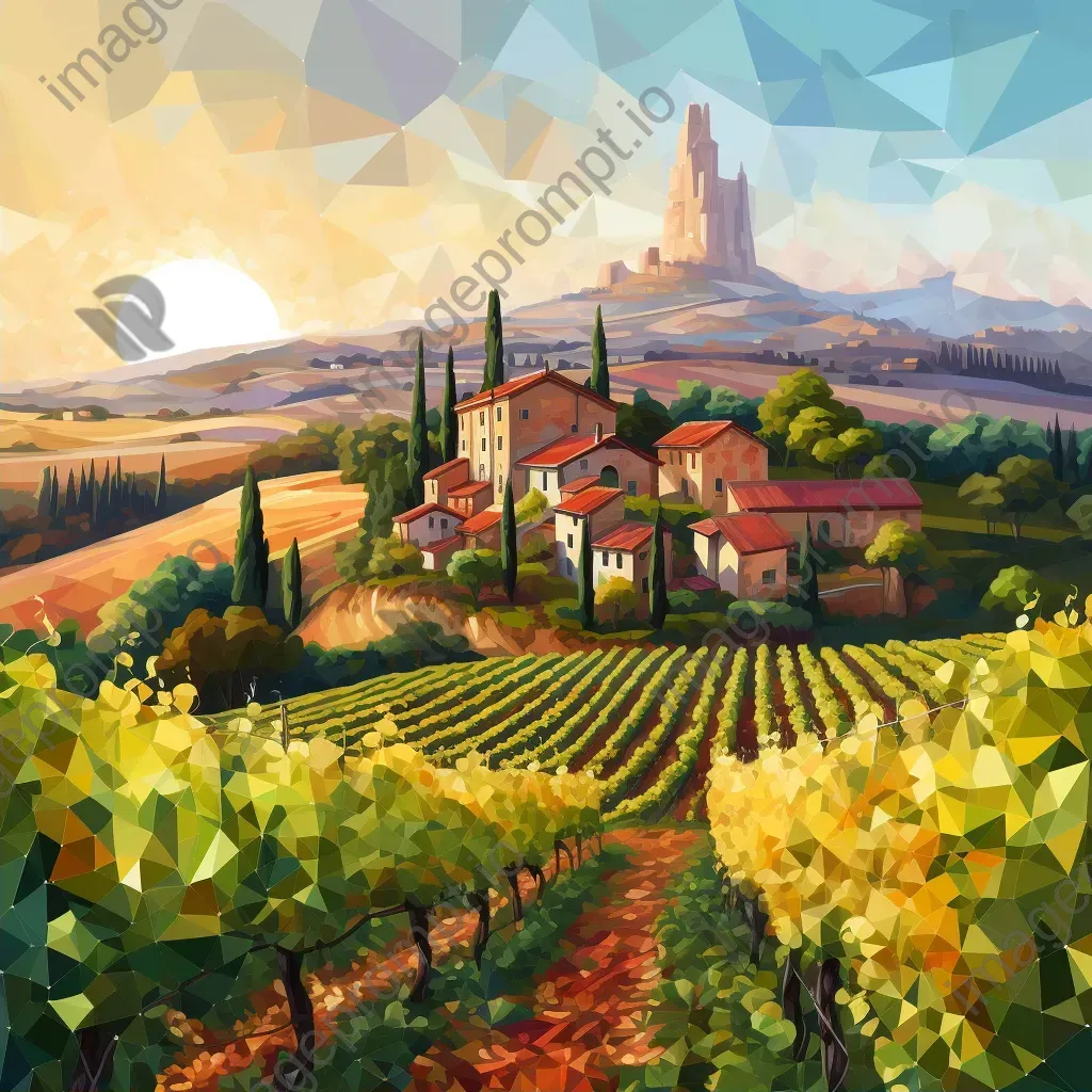 Low poly depiction of a vineyard at harvest time with ripe grapes and stone cottages, under the golden light - Image 2