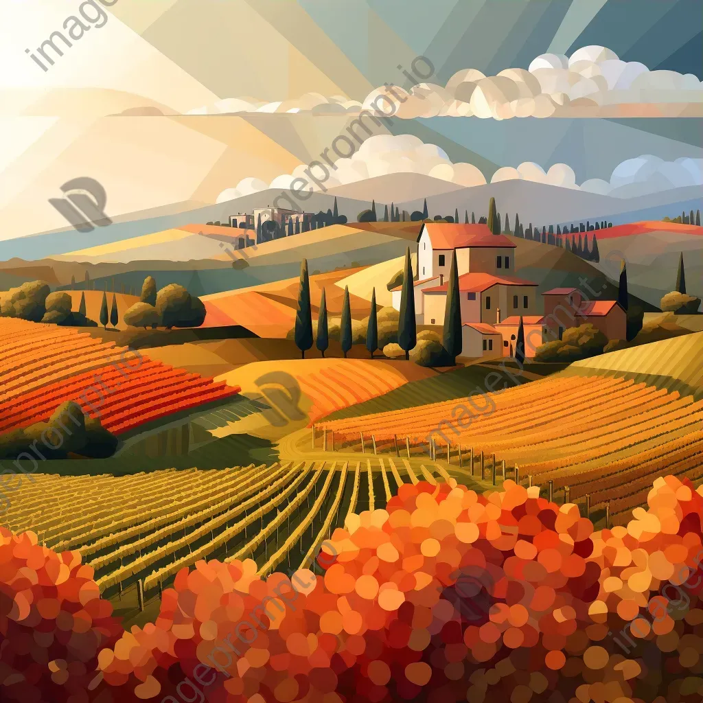 Low poly depiction of a vineyard at harvest time with ripe grapes and stone cottages, under the golden light - Image 3