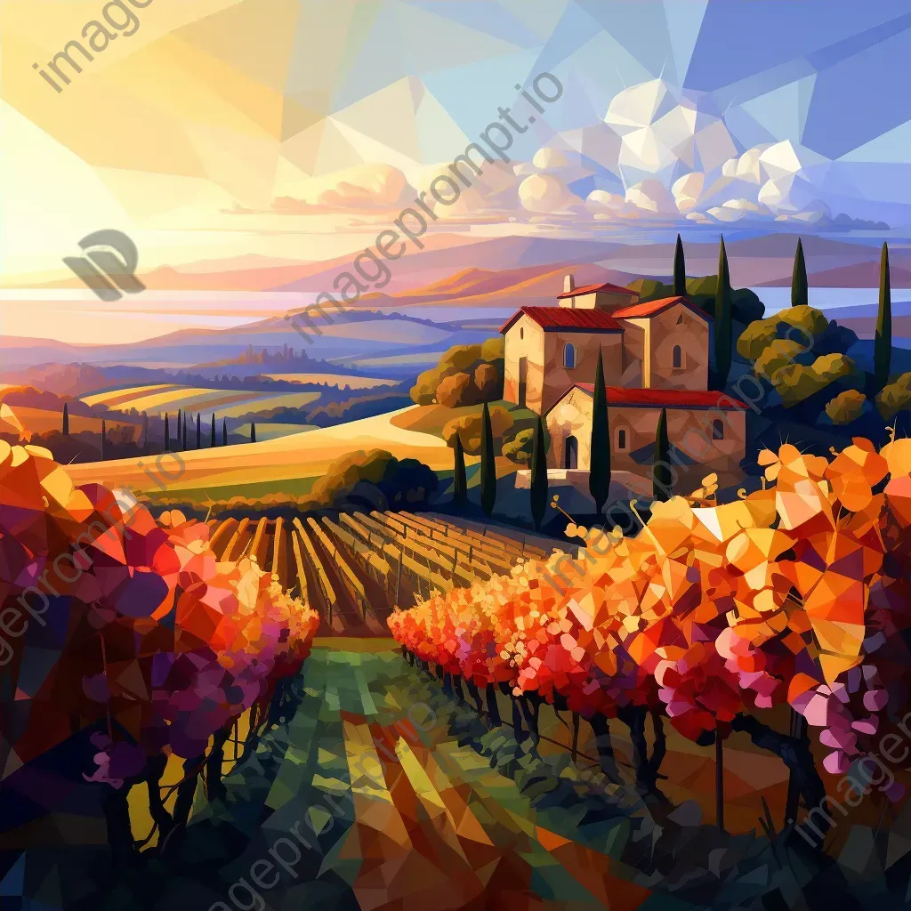 Low poly depiction of a vineyard at harvest time with ripe grapes and stone cottages, under the golden light - Image 4