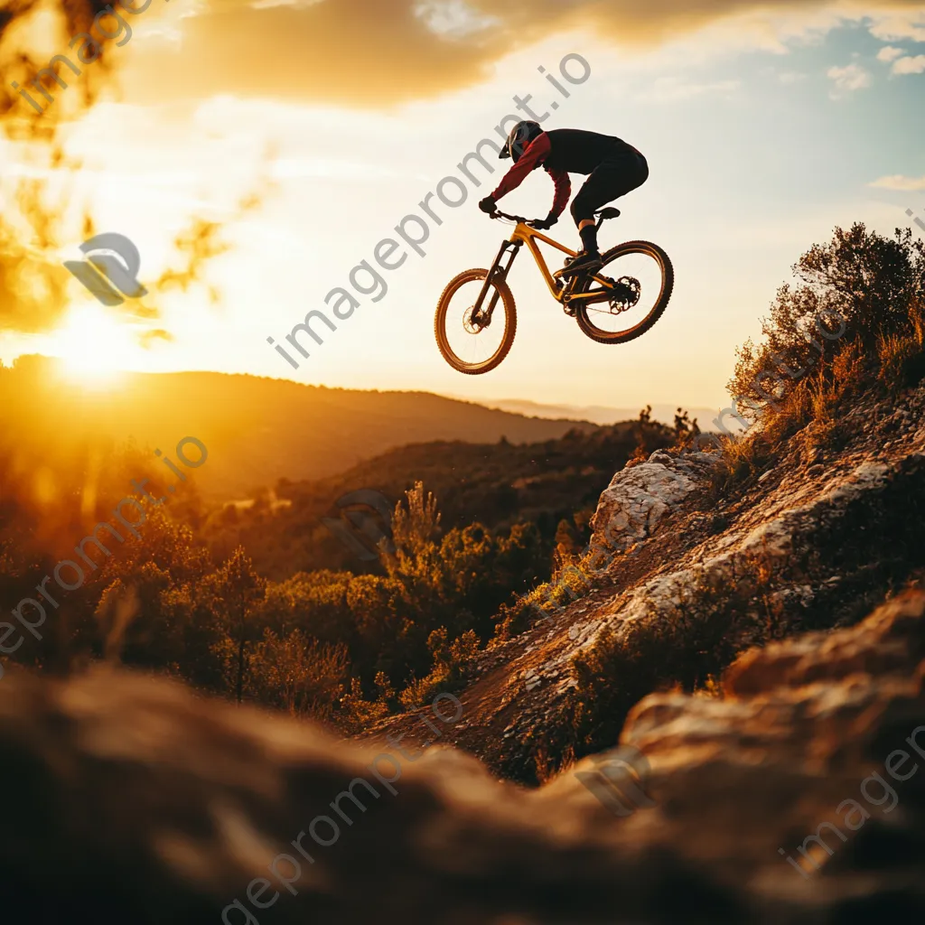 A mountain biker performing tricks in mid-air over rocks during sunset. - Image 1